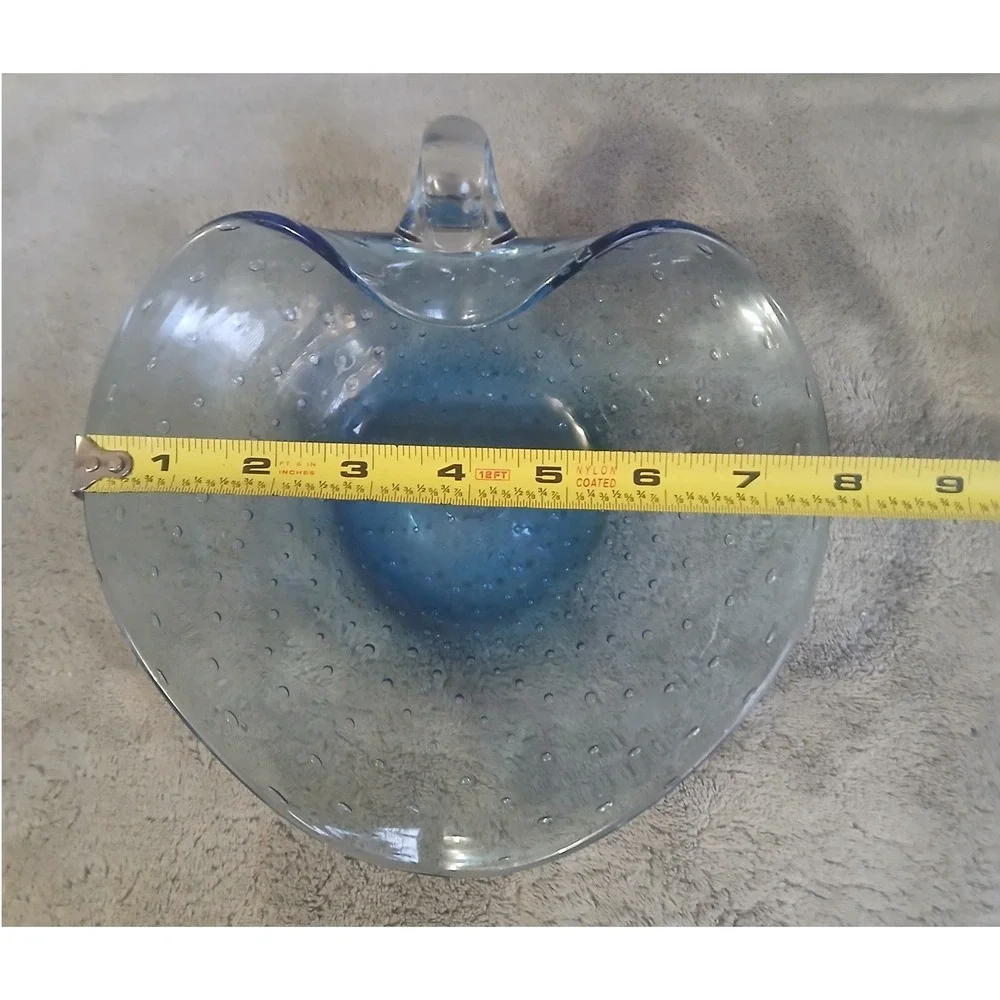 Vintage Blue Controlled Bubble Art Glass Heart Shaped Nappy Bowl with Handle MCM